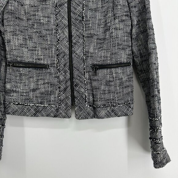 3/$25 Banana Republic Tweed Blazer Jacket 2 Fringe Trim Zip Up Collarless Black - Picture 5 of 8